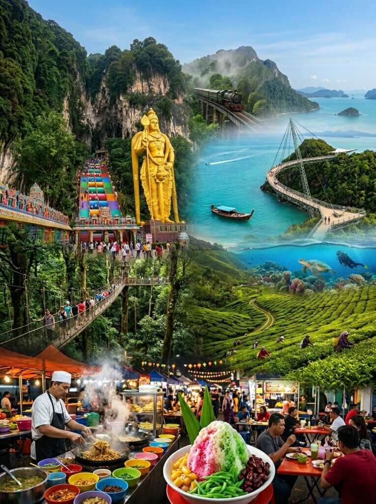 A vibrant travel collage showcasing diverse landscapes and landmarks in Malaysia. The left features the colorful stairs and giant golden statue of Lord Murugan at Batu Caves, transitioning down into a lush green tea plantation in the Cameron Highlands with people walking through the fields. The right side shows a steam train crossing a bridge over a tropical jungle, a curved canopy walkway extending over a turquoise sea with a boat, and an underwater view of a scuba diver near a sea turtle swimming over a coral reef.