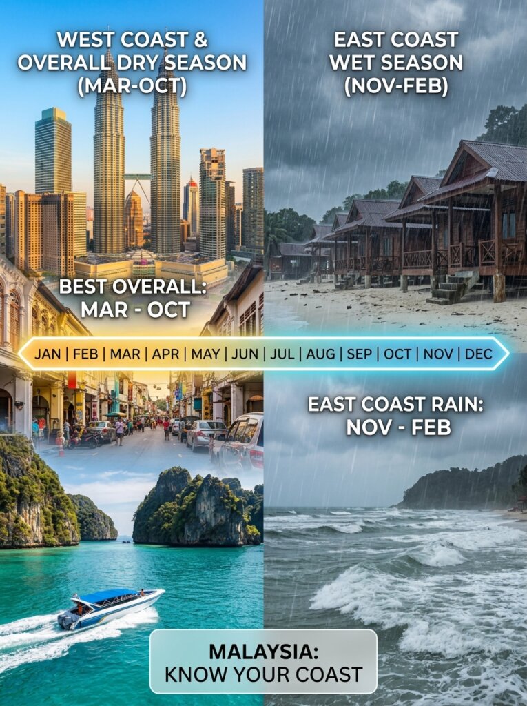Travel infographic titled "Best Time to Visit Malaysia" split into seasonal sections. The top left features the Kuala Lumpur city skyline highlighting "West Coast & Overall Dry Season (Mar-Oct)" and "Best Overall: Mar-Oct". The right side shows traditional wooden stilt houses in a rain shower highlighting "East Coast Wet Season (Nov-Feb)". The bottom includes a timeline bar of the months and a street scene highlighting "East Coast Rain: Nov-Feb".