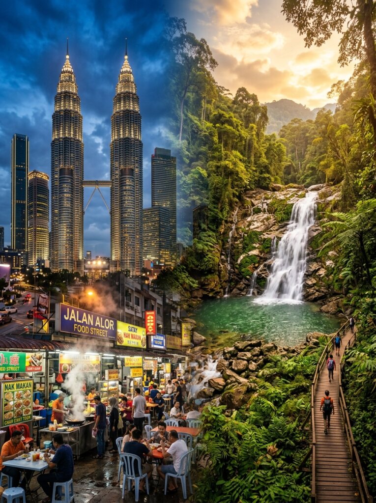 Split screen view contrasting a bustling, vibrant night market scene at Jalan Alor Food Street in Kuala Lumpur on the left, with a lush, green tropical rainforest waterfall and a wooden canopy walkway on the right. Indicating things to do in Malaysia