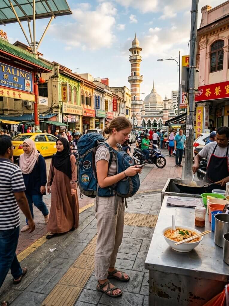 A young female backpacker with a large blue backpack stands on a bustling city street in Malaysia, looking down at her smartphone. In the background, a historic mosque with a tall minaret rises above a crowded street filled with pedestrians, market stalls, and a yellow Grab taxi