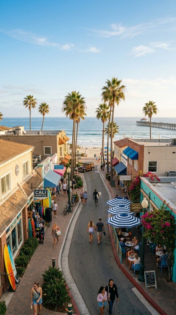 Wide-angle, elevated view of a Southern California beach town street leading toward the ocean, featuring palm trees, coastal buildings with blue awnings, a sandy beach, and a long wooden pier stretching into the Pacific Ocean under a clear blue sky.