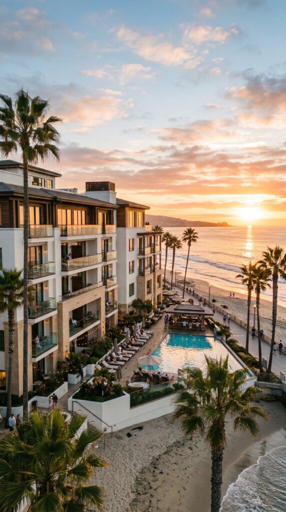 High-angle view of a luxury beachfront resort hotel with a swimming pool, outdoor patio tables, and large palm trees, situated directly next to a sandy beach and the ocean.