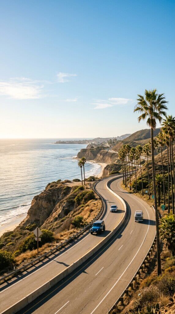 Scenic, elevated view of a winding coastal highway in Southern California, lined with tall palm trees on the right and rugged cliffs dropping down to the blue ocean on the left under a clear sky.
