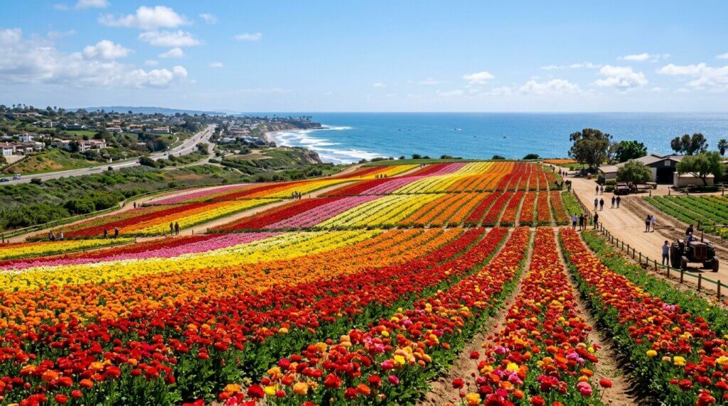 The Flower Fields at Carlsbad Ranch in full spring bloom — vast rows of vivid ranunculus flowers in red, orange, yellow, and pink stretching across rolling hillsides, blue Pacific ocean in the distance, bright sunny day