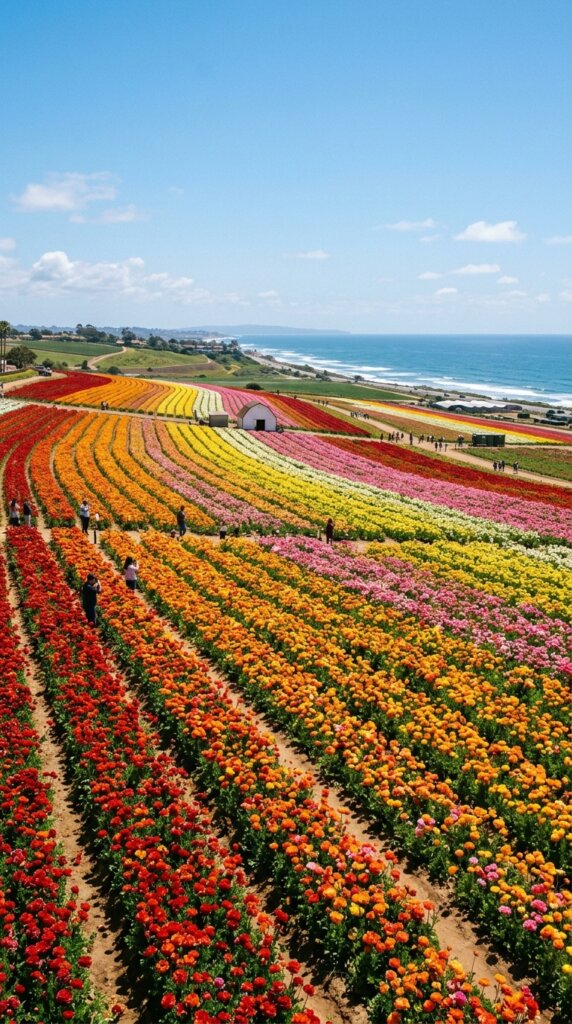 High-angle view of vibrant, neatly planted rows of ranunculus flowers in full bloom stretching across a hillside, featuring brilliant shades of red, orange, yellow, and pink under bright daylight.