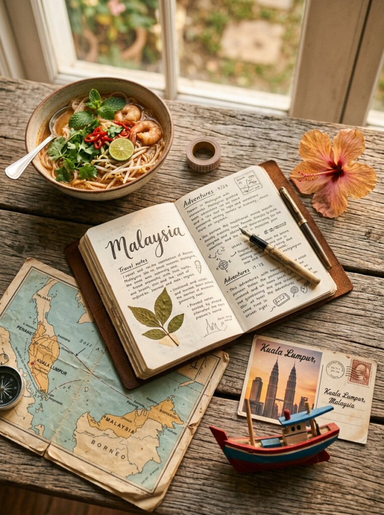 A cozy travel flat lay featuring an open vintage journal next to a rustic wooden map of Malaysia. A small decorative red and wooden boat model sits on top of old postcards from Kuala Lumpur, surrounded by a compass and dried pressed leaves.