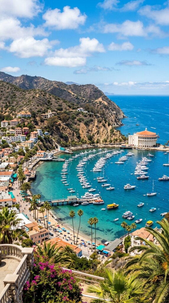 A scenic, wide-angle view of Avalon Harbor on Catalina Island. Bright blue, crystal-clear ocean water filled with yachts and small boats, with Mediterranean-style hillside houses and tall palm trees under a sunny sky. Vibrant, inviting, resort-town travel photography style.