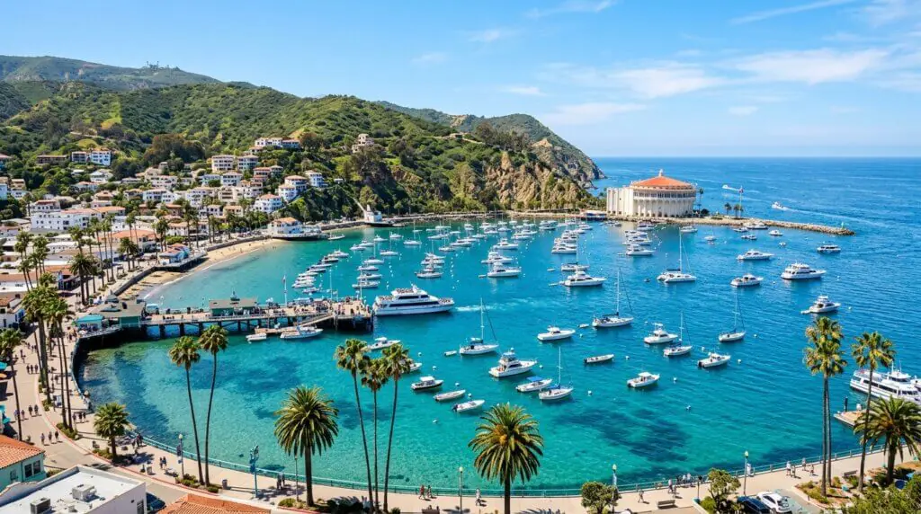 A scenic, wide-angle view of Avalon Harbor on Catalina Island. Bright blue, crystal-clear ocean water filled with yachts and small boats, with Mediterranean-style hillside houses and tall palm trees under a sunny sky. Vibrant, inviting, resort-town travel photography style.