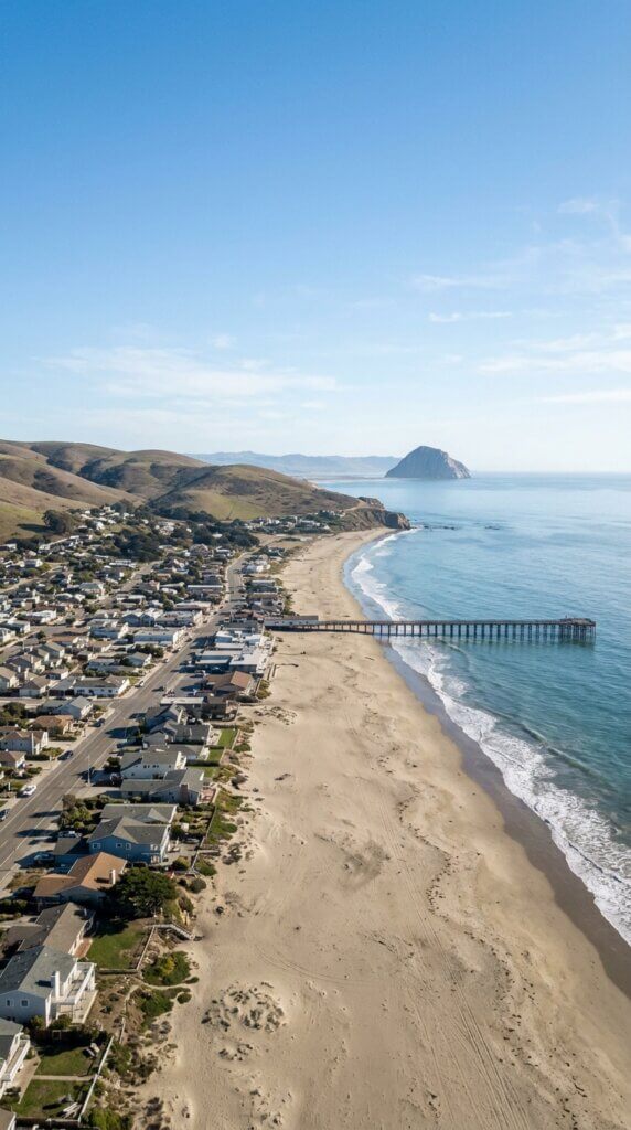 An aerial, high-angle view of the historic 1872 wooden pier extending into the Pacific Ocean from the sandy coastline of Cayucos, California. In the background, the small coastal town is nestled against rolling green hills, with the iconic Morro Rock visible in the distant hazy horizon under a bright, clear blue sky.