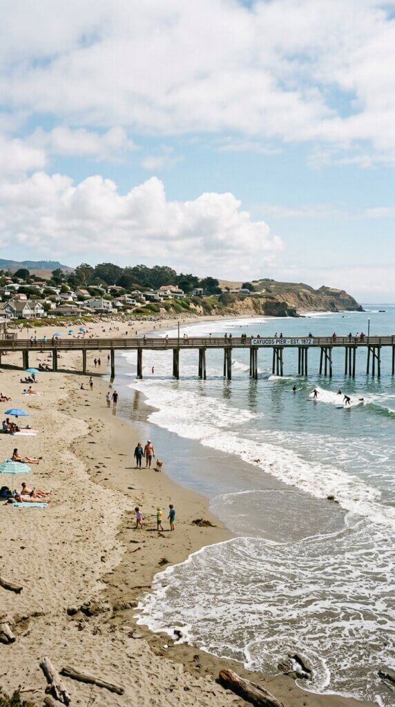 A wide shot of Cayucos State Beach under a partly cloudy sky, showing the coastal town's houses built on the hillside and a section of the historic 1872 wooden pier extending out over the water.