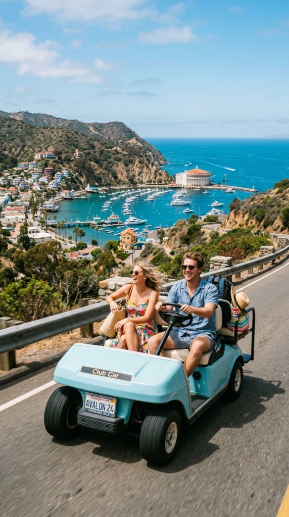 A couple happily driving a classic open-air golf cart along a scenic hillside road in Avalon. The background features a stunning panoramic look at the ocean and the town below. Fun, bright, and practical travel style photography.