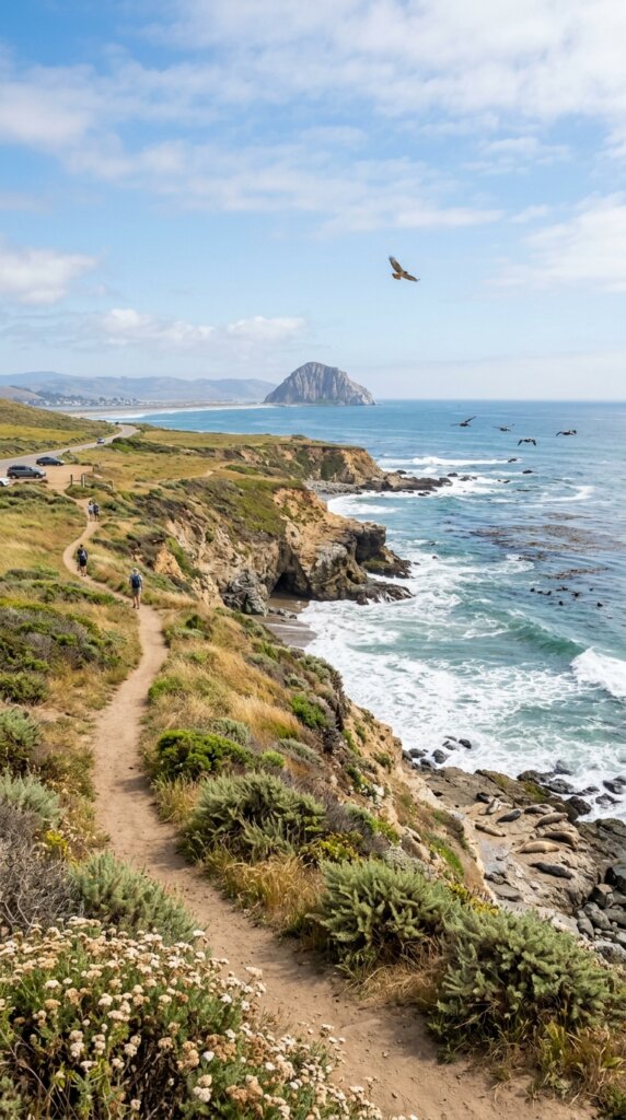 A scenic view from a grassy cliffside path looking out over the blue waters of Estero Bay toward the iconic Morro Rock in the distance. A hawk and a small flock of pelicans fly through a vast blue sky filled with scattered white clouds.