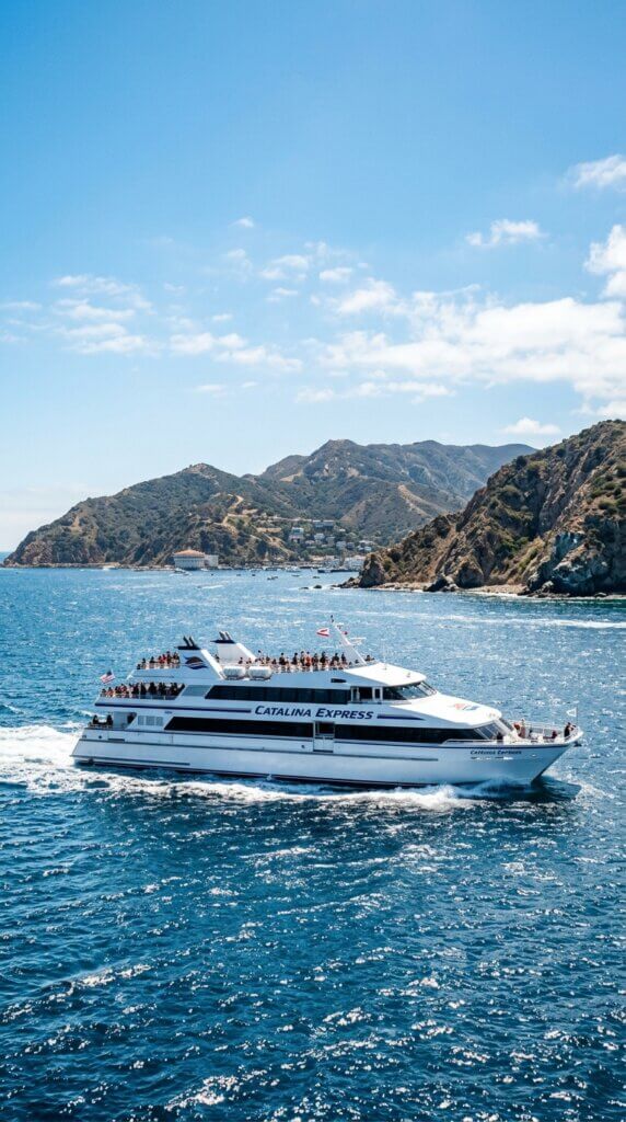 A large white passenger ferry boat cruising across the sparkling blue Pacific Ocean on a sunny day. The rugged coastline of Catalina Island is visible in the background. Modern travel aesthetic, bright daylight, cinematic side-angle shot.