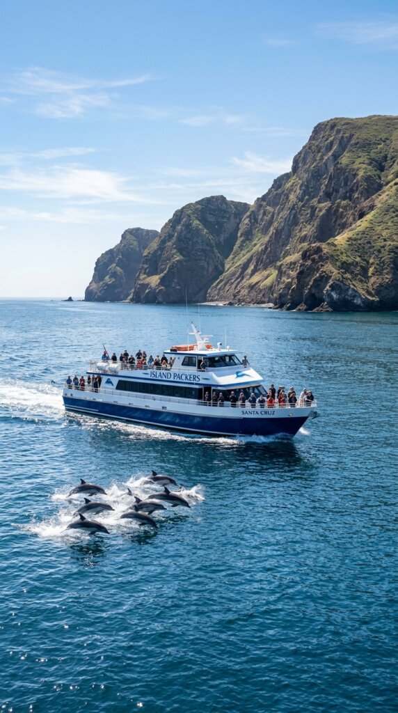 An Island Packers passenger ferry cruising across the calm, blue Pacific Ocean toward the rugged cliffs of the Channel Islands