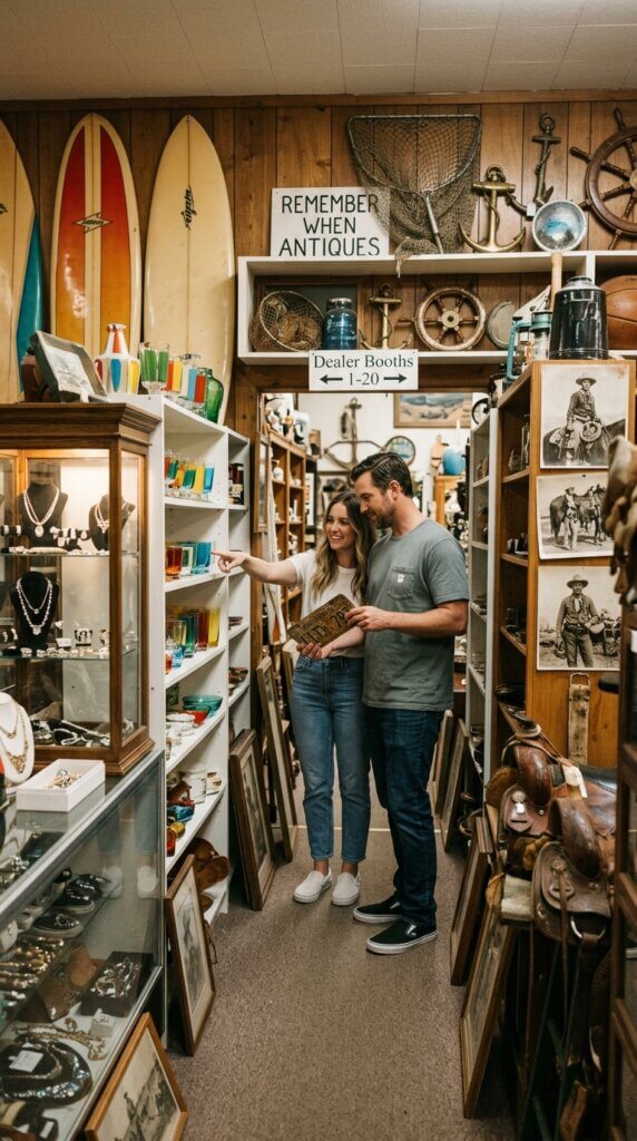 Inside a crowded antique shop booth with wood-paneled walls. Vintage surfboards stand vertically on the left, next to a shelf displaying a sign that reads "Remember When Antiques." The shelves are packed with maritime collectibles, including a boat steering wheel, a large metal anchor, a fishing net, a lantern, and historical photographs.