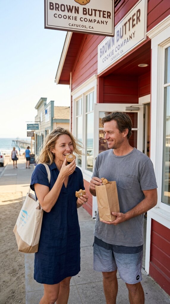 A man and a woman standing outside the red storefront of the Brown Butter Cookie Company in Cayucos. The woman is smiling while taking a bite of a round shortbread cookie, and the man is smiling while holding open a brown paper pastry bag containing more cookies. The historic Cayucos Pier and beach are visible in the blurry background.
