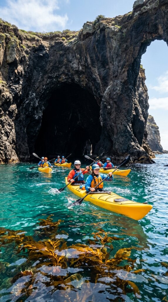 Kayakers paddling through clear turquoise water into the massive entrance of a dark, majestic sea cave at the Channel Islands