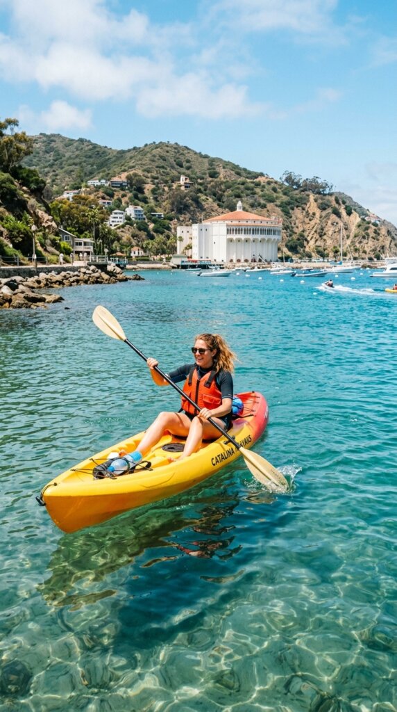 A vibrant photo showing a person kayaking on calm, turquoise water near the shore of Catalina Island. In the background, the iconic Art Deco Catalina Casino building stands clearly on the edge of the water. Bright, adventurous outdoor travel vibe.