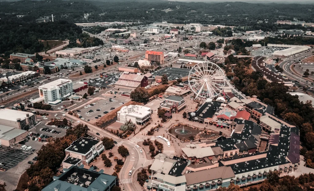 Aerial view of Pigeon Forge buildings and surrounding hills