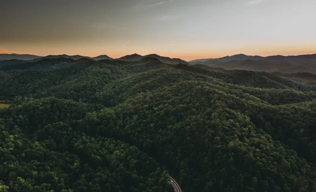 Wooded mountain ridges near Gatlinburg at sunset