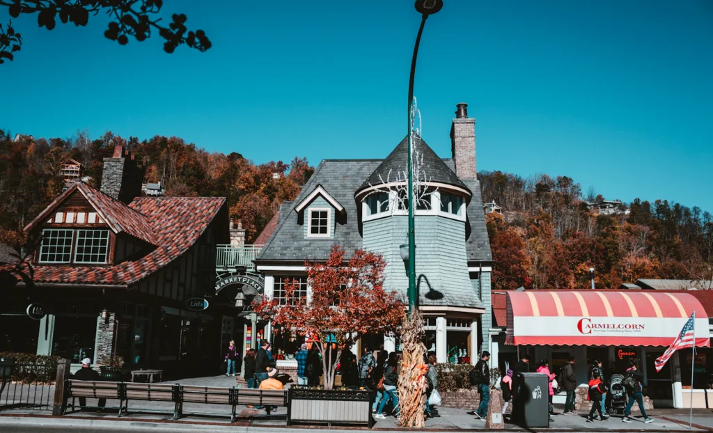 Tudor style storefronts in downtown Gatlinburg